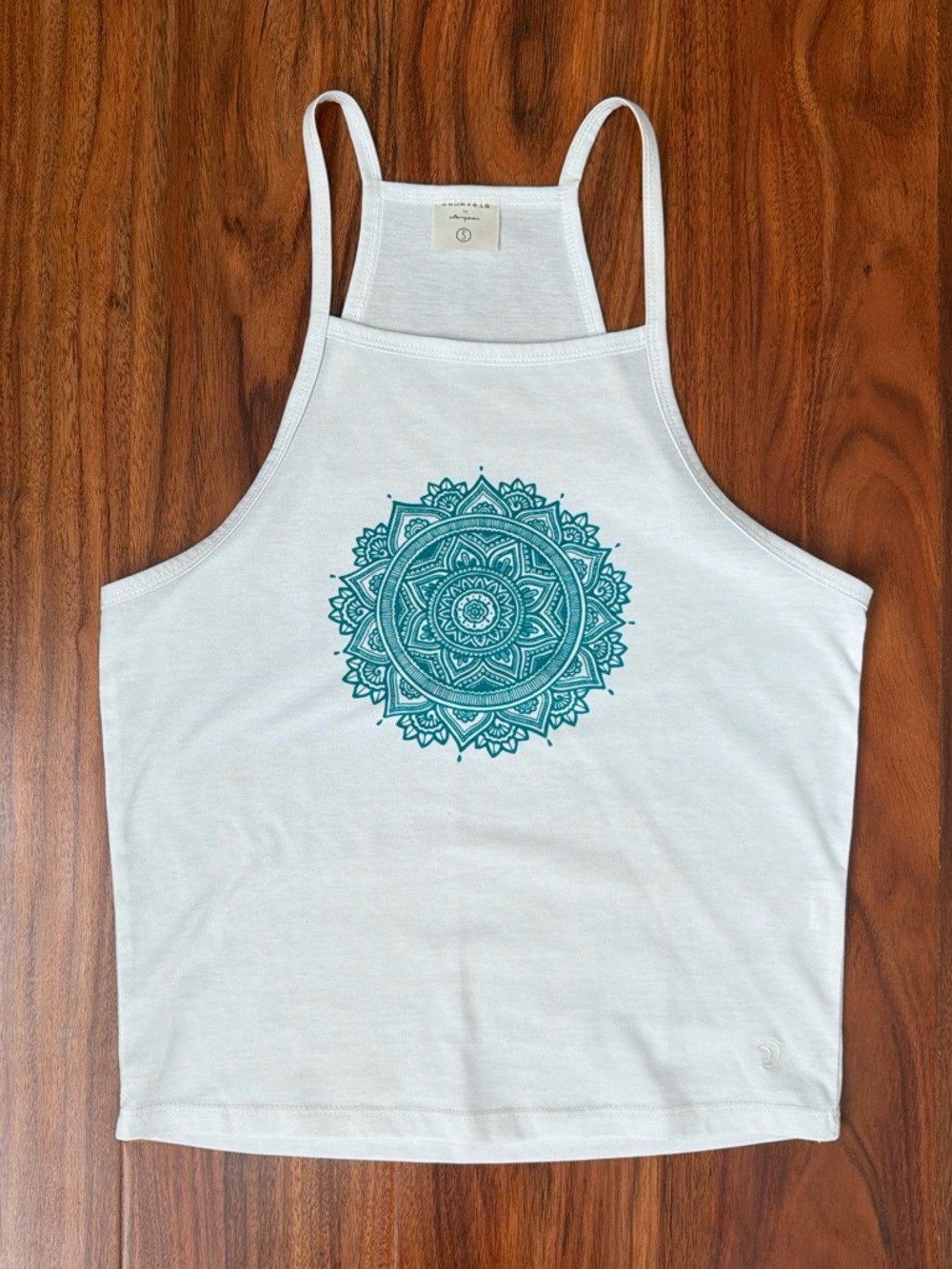 Stargaze White Halter Tank Top with Teal Mandala Print